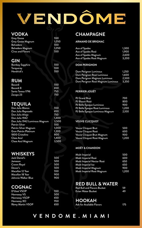 Vendome club nightclub Miami bottle menu pricing alcohol vodka rum gin cognac bubbles