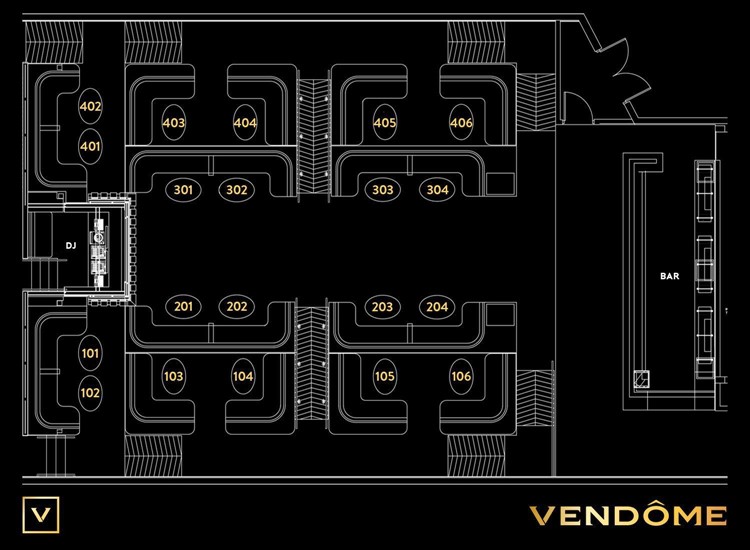 Vendome nightclub Miami map seating areas vip lounge bar dance floor dj book vip table