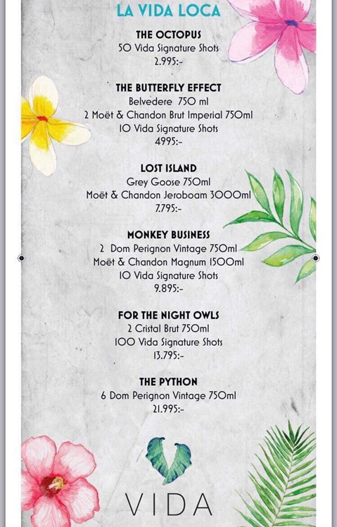 Vida nightclub Stockholm alcohol drinks menu bottles prices