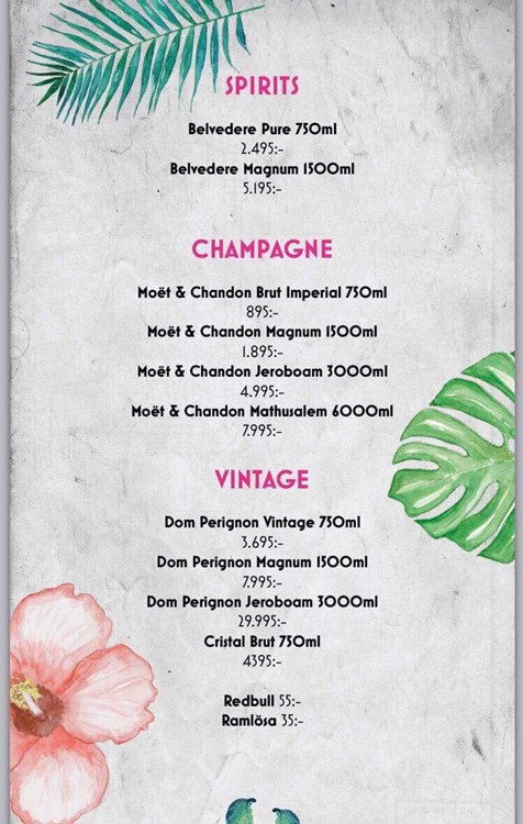 Vida nightclub Stockholm menu drinks alcohol vodka champagne rum gin