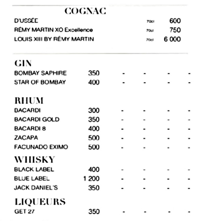 Vip Room Paris nightclub drinks menu bottles alcohol cocktails rum gin cognac mix 