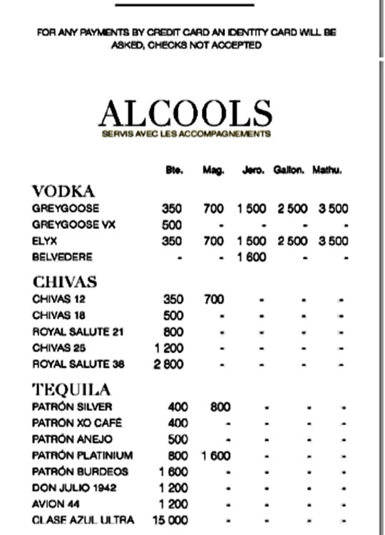 Vip Room Paris nightclub drinks menu bottles alcohol vodka rum whisky reserve your table book celebrate