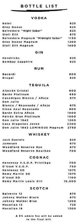 Vandal nightclub NYC menu price per bottle bubbles champagne vodka rum gin cognac whisky cocktails beverages 