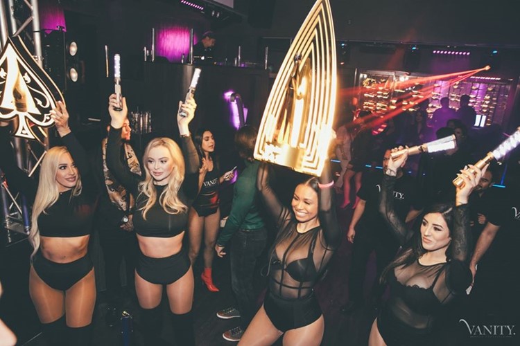 San Francisco Vanity nightclub waitresses bringing in champagne bottles premium size parade table booking service vip