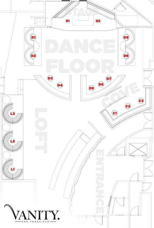 Vanity nightclub San Francisco map floor plan view dance floor vip table regular dj booth bar