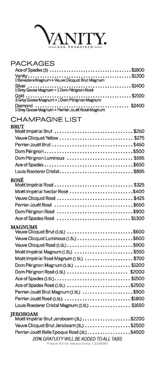 Vanity nightclub San Francisco bottle menu prices service vodka rum gin cognac champagne book vip table now