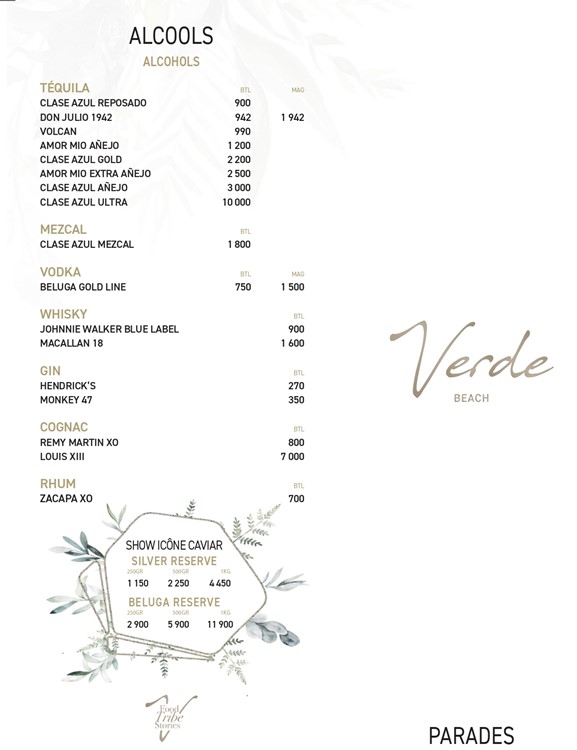 Verde Beach club St Tropez alchool tequila whisky vodka gin cognac rum bottle parade menu pricing