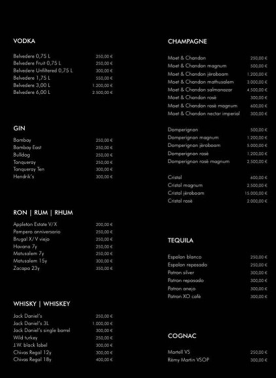 Vibe Room nightclub Milan bottle menu Vodka Champagne Gin Rum Tequila Cognac Whiskey 