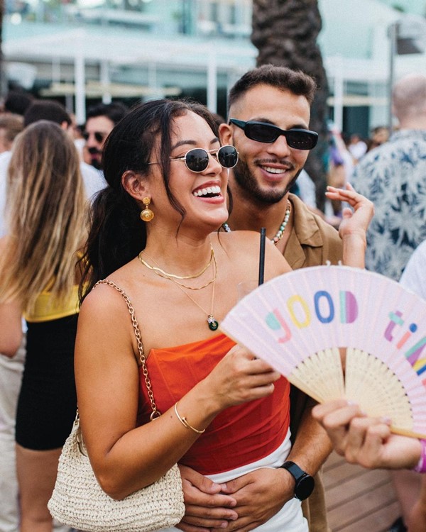 Wet Deck at W Barcelona pool club pretty couple having fun party tonight go out