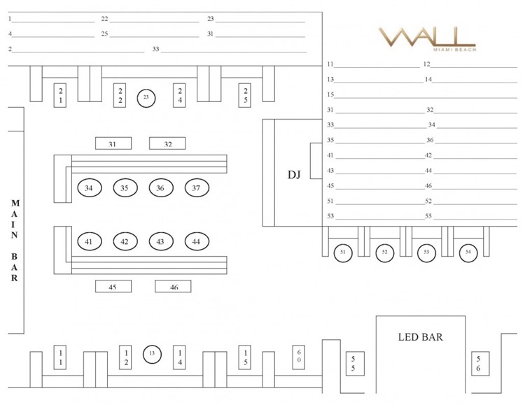 Wall Lounge Miami map view table areas vip sitting dj booth dance floor