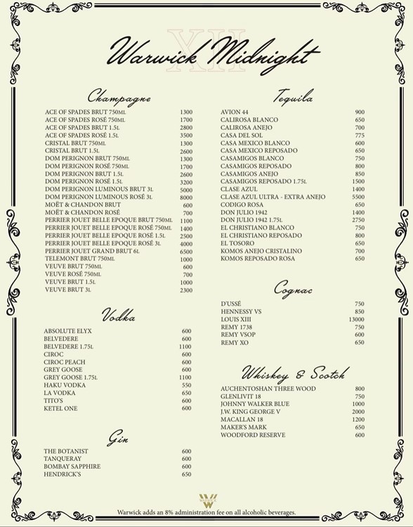 Warwick in Los Angeles nightclub bottle menu service vip table book yours now