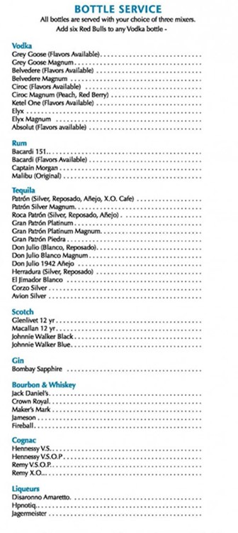 Wet Republic pool club bottle service menu prices vodka rum gin cognac whisky rum book vip table now