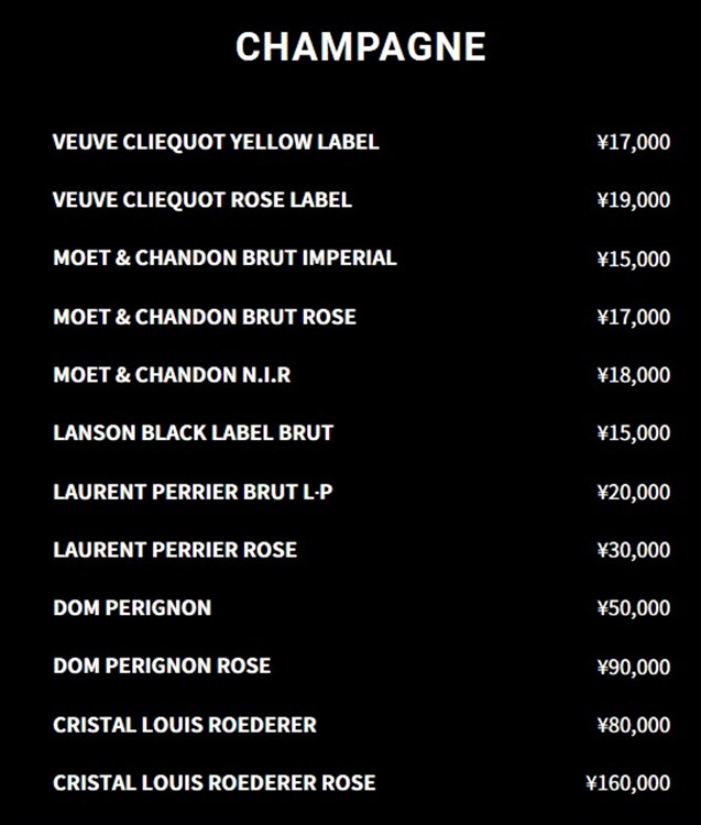 Womb nightclub Tokyo bottle menu champagne bubbles prices birthday hen bachelor parties celebration parade service package