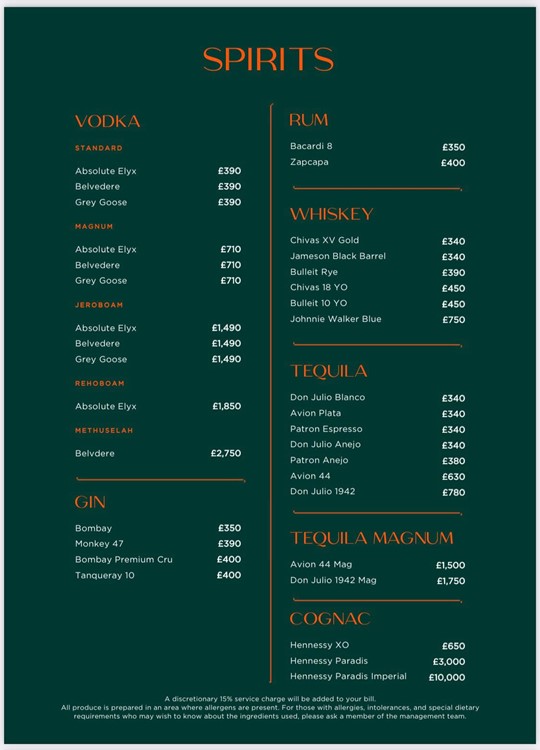 Wyld nightclub bottle menu London club prices alcohol 