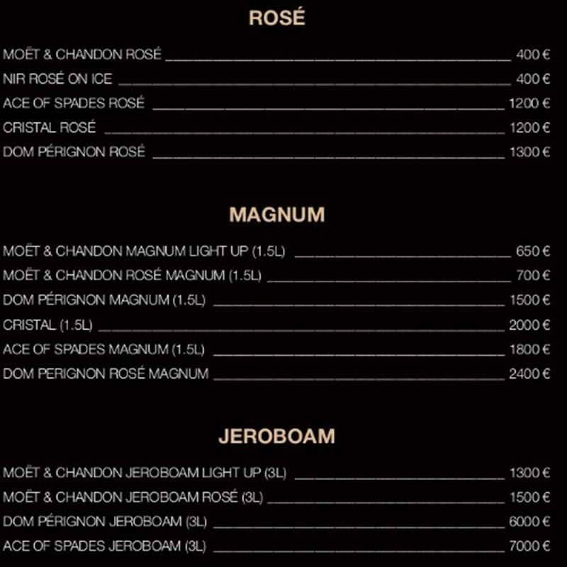 Pangea nightclub Marbella bottle menu pricing champagne 